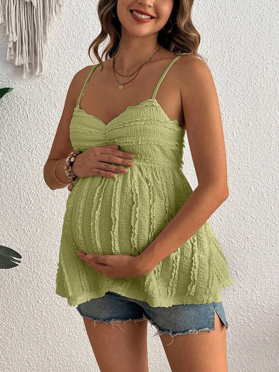 SHEIN Áo hai dây cho bà bầu ren màu trơn, thiết kế xếp ly, thời trang nữ. - Màu xanh Bạc hà - Xem 1
