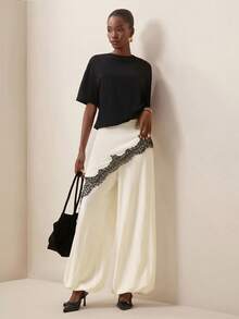 Women's Contrast Lace Loose Wide Leg Pants - Apricot - View 7