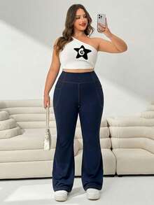 SHEIN Tall CURVE CURVE Plus Size Women's High Waist Flare Jeans With Pocket, Navy Blue Autumn Casual Loungewear, Tall Girls Wide-Leg Pants, Elegant Office Gym Sport - Navy Blue - View 5