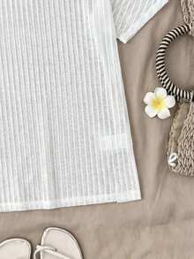 SHEIN Kaos Remaja Perempuan Putih Bertekstur Garis-Garis Longgar Kasual untuk Liburan, Warna Polos, Ringan untuk Liburan Pantai - Putih - View 3
