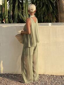 DAZY Women's Spaghetti Strap Ruffle V-Neck Loose Tank Top And Wide Leg Pants 2 Pieces Set Vacation Summer - Green - View 2