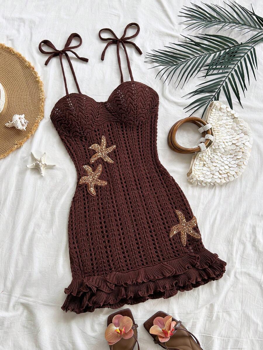 Soleia Plus Size Women's Holiday Brown Starfish Decor Double Ruffle Halter Sweater Dress, Suitable For Holiday Date, Afternoon Tea, Beach, Cruise, City Vacation, Wedding Season, Music Festival, Boho Vacation,Summer Outfits For Women,Spring Outfit,Beach Outfits For Women ,Graduation,Vacation Outfits Women.