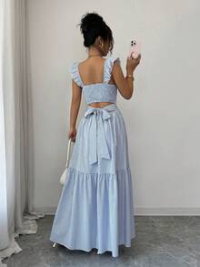 SHEIN Raffinéa Đầm kẻ sọc thường ngày dành cho nữ, thích hợp cho kỳ nghỉ. - Xanh và trắng - Xem 5