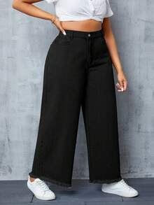 Slaydiva Plus Size Women High Waist Pockets Casual Loose Fit Non-Stretch Wide Leg Jeans - Black - View 3
