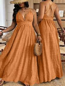 Weeklong Plus Size Women Summer Spaghetti Strap Textured Belt Beach Vacation Dress - Orange - View 3