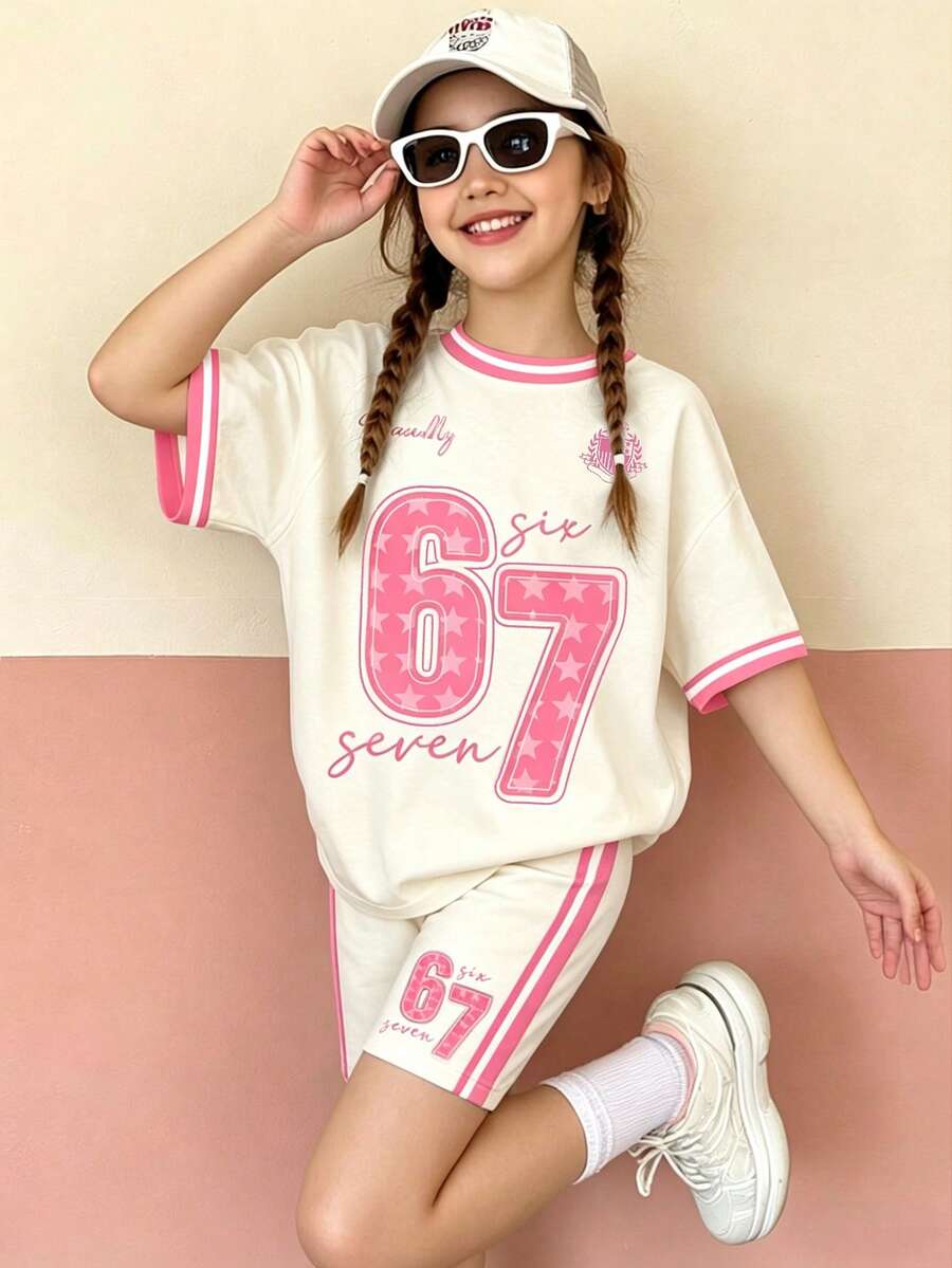 少女休闲舒适宽松圆领短袖T恤和紧身骑行短裤套装,适合春夏日常穿着 - 白色 - 查看 1