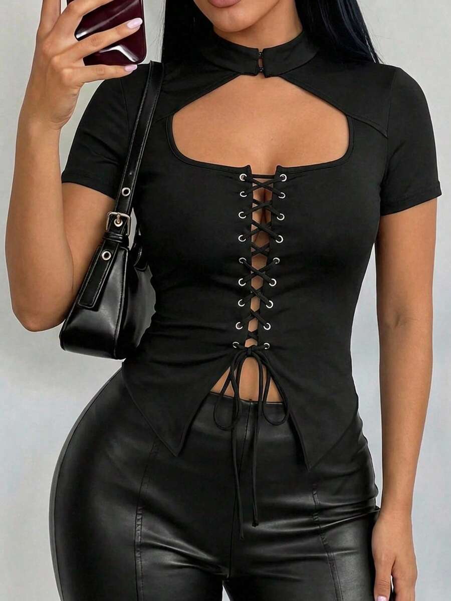 SHEIN SXY 女士性感镂空系带Y2K短袖T恤 - 黑色 - 查看 1