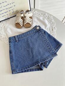SHEIN Young Girl Black Denim Skort, Kid Girls Spring And Summer Casual Vacation Country Boho Wear, Beach For Kid Girls, Western Street Wear For Girl, Spring Break ,Rave Festival Denim Middle Skort, Graduation ,Vacay - Medium Wash - View 6