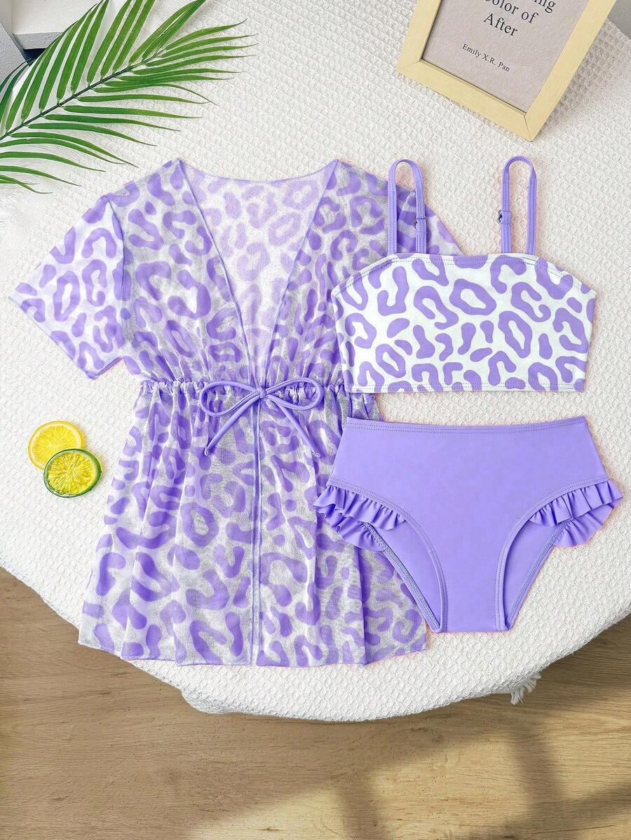 SHEIN Elladie kids 少女比基尼套装，可爱紫色豹纹三件套泳装，时尚休闲，精致华丽，适合游泳、度假和夏季穿着。搭配可爱蕾丝，紫色网纱外套尽显奢华高贵，尽显淑女风范。比基尼套装包含系腰纱笼裙，三件套泳装，豹纹印花，夏季网纱三件套泳装，修身剪裁，豹纹印花。