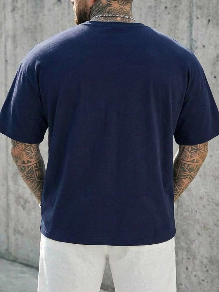 Navy Blue Letter Embroidered Plus Size Men T-Shirt, Short Sleeve