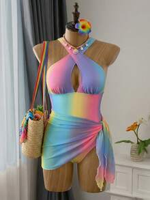 Swim Vcay 2 bộ đồ bơi liền thân thời trang nhiều màu cỡ lớn cho nữ kèm váy che chắn trang phục đi biển ngày lễ - Nhiều màu - Xem 8