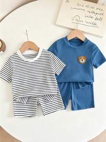 Conjunto de pijama casual de manga corta y cuello redondo para niños pequeños, con pantalón corto, diseño clásico a rayas jacquard + parche bordado de oso en el pecho, adecuado para primavera/verano - Multicolor - Ver 3