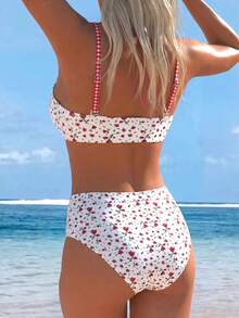 Swim Mod Women's Summer Vacation Beach Ditsy Floral Matching Fuchsia Plaid Spaghetti Strap High Waist Bikini Set - Multicolor - View 5