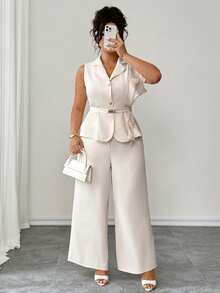 Elenzga Plus Size Women Summer Elegant 2-Piece Suit Set,White,Autumn,Basic,Office,Apricot & Champagne Ruffle One-Shoulder Jacket & Wide Leg Pants  Waist Belt - Apricot - View 5
