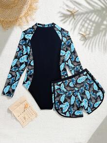 SHEIN Teenage Girl 2pcs Long Sleeve Swimsuit Set With Shorts,Tropical Print Mock Neck Front Zipper Rash Guard,Full Coverage Turquoise Summer Beach Holiday - Black - View 2