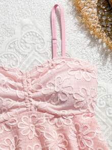 SHEIN 2pcs/Set Teen Girl Pink Knitted Sunflower Bikini Set,3D Flower Lace Ruffle Cami Top&High-Waisted Briefs Summer Beach Holiday Holiday Bathing Suits - Pink - View 5