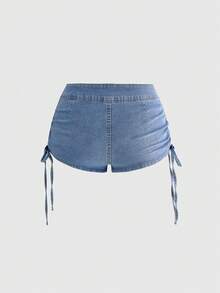 ROMWE Y2K Hot Girl Elastic Peach Butt Side Drawstring Sexy Low Waist Women's Denim Shorts Club Light Blue Summer - Medium Wash - View 2