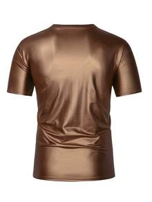Manfinity LEGND Men's Solid Color Minimalist Casual Short Sleeve PU Leather T-Shirt - Coffee Brown - View 2