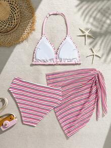 3pcs/Set Tween Girls Striped Bikini Set With Shawl, Fashionable Elegant Swimwear Suitable For Swimming, Summer Vacation, Beach, Pool, Holiday Party - Multicolor - View 2