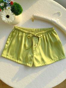 Comfortcana Quần short nữ mùa hè, màu trơn, kiểu dáng thường ngày, cạp chun, chất liệu vải lanh. - màu xanh lá - Xem 6