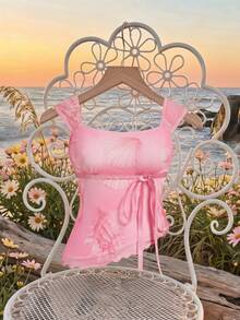 SHEIN MOD Plus Size Women Summer Tropical Ocean Blouse,Pastel Pink Contrast Color Strap Square Neck Beach Holiday Top,Elegant Ribbon Retro Style Tops - Pink - View 7