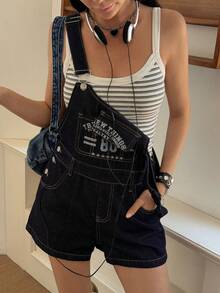 DAZY Quần yếm denim nữ mùa hè in họa tiết, kiểu dáng thường ngày. - Rửa tối - Xem 2