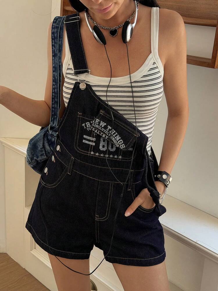 Women's Summer Printed Casual Denim Bib Shorts