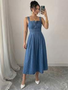 Flexra Mẫu đầm denim thanh lịch mới nhất mùa xuân/hè với thiết kế xếp ly và thắt eo dành cho nữ. - Rửa trung bình - Xem 4