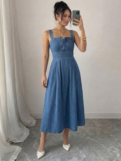 Elenzga Summer Vacation Casual Chic Vintage Blue Denim Midi Pleated Waist Gathering Daily Wear Going Out Women's Denim Dress