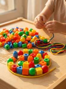 MINKOJA MINKOJA 20-100pcs Thread Geometry Beads With 2pcs Color Random Rope Random Shape And Color Blocks Children Early Educational Color Shape Cognition Beads Kids Manual Ability Training Games - Multicolor - View 3