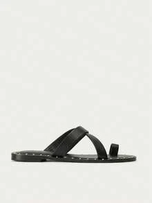 Studded Flat Sandals With Sleek Cross Straps And Open Toe Design. Easy Slip-On Style Perfect For Beach Vacation Outfits, Casual Summer Looks, And Relaxed Everyday Wear - Black - View 5