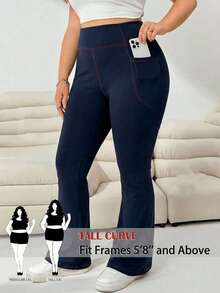 SHEIN Tall CURVE CURVE Plus Size Women's High Waist Flare Jeans With Pocket, Navy Blue Autumn Casual Loungewear, Tall Girls Wide-Leg Pants, Elegant Office Gym Sport - Navy Blue - View 2
