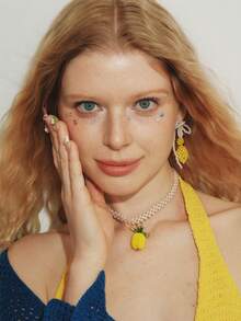 Popjeli Pearl Bow Lemon Earrings,Y2K/Cute/Colorful/Chic,DIY,PINK,Summer/Beach/Prom/Part/Vacation/Travel,For Mom/Women/Girl/Mother,Heart,Floral - White - View 3