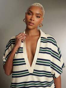 Denimoi Plunge Neck Collared Oversized Striped Polo Top Fashionable Tops - Green - View 2