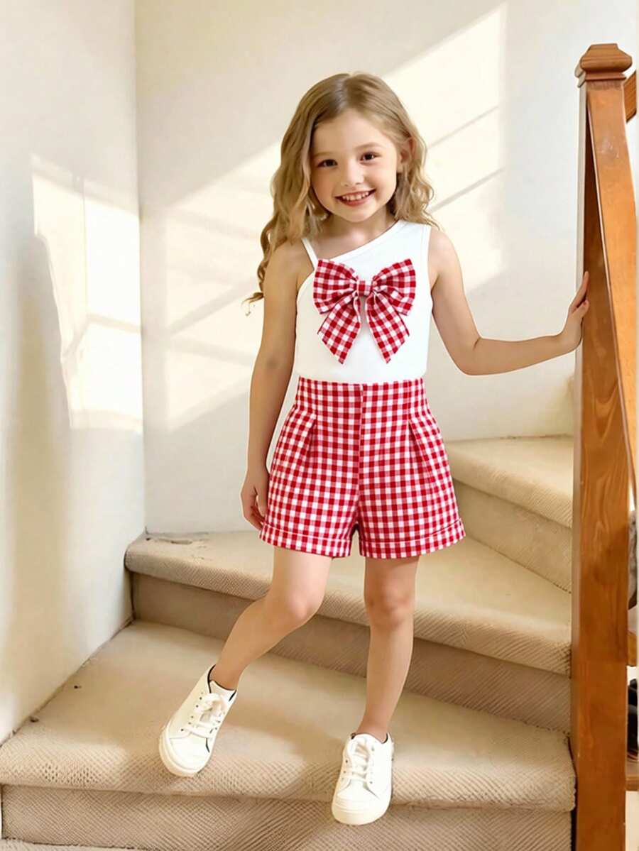 Elladie kids Mädchen gestricktes geripptes rosa asymmetrisches Fünf-Blüten-Top und gerippte Perlknopf-Shorts Set, frisch und lässiger Sommeroutfit - Rot - Übersicht 1