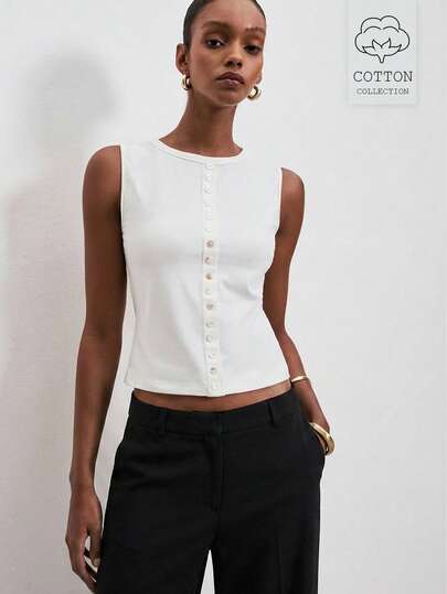 ATUI Studio Women's Stretchy Cotton Button Detail Top – Casual Versatile Short Sleeve Blouse For Summer Beach, Party & Vacation