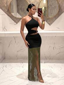 Slaydiva Đầm maxi ôm sát màu đen dành cho nữ, cổ yếm, khoét eo, viền tua rua ánh kim - Trang phục dự tiệc gợi cảm - A - màu đen - Xem 5