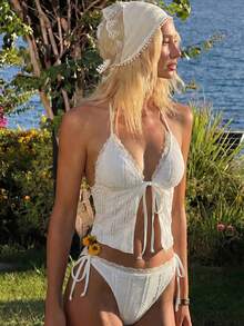 Swim Mod Bộ bikini và áo hai dây buộc eo gợi cảm dành cho nữ, thích hợp cho kỳ nghỉ hè ở bãi biển, với họa tiết hoa và chất liệu vải. - Màu be - Xem 8