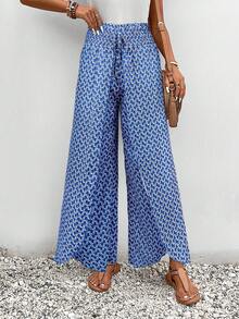 SHEIN Frenchy Allover Print Knot Waist Tulip Hem Wide Leg Baggy Cross Over Pants - Blue - View 4