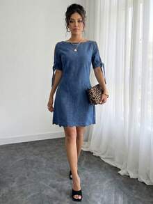 Elenzga Women's Elegant Hollow-Out Tie-Up Denim Dress, Summer - Medium Wash - View 5