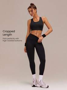 GLOWMODE FeatherFit™-Sculpt FlowFit Breathable Sweat-Wicking Stretchy Mesh Back Adjustable Crop Front Closure Sports Bra Running Workout Gym - Black - View 4