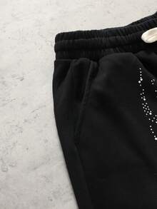 ROMWE MEN Pantalones cortos con cordón y strass de moda urbana para hombres - Negro - Ver 4