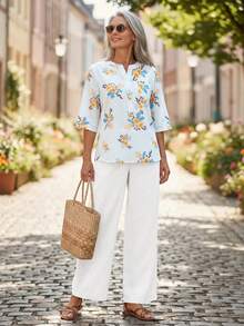 EMERY ROSE Completo casual da donna di mezza età e anziana con top a scollo a V e pantaloni con stampa floreale - Multicolore - Visualizzare 6