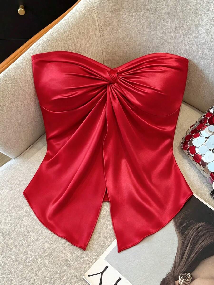 GlowEve CURVE 大码女士无肩带复古法式时尚性感优雅浪漫沙滩约会荷叶边上衣 - 酒紅色 - 查看 1