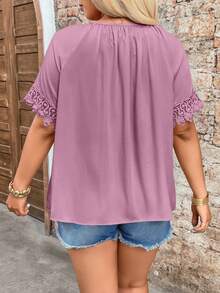 SHEIN Holidaya Plus Size V-Neck Lace Trim Raglan Sleeve Tie Collar Blouse - Pink - View 2