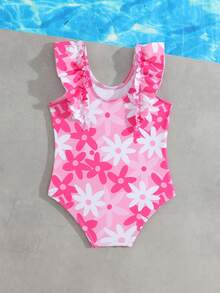 SHEIN Baby Girls' Strawberry Print One-Piece Swimsuit With Mesh Ruffle Skirt, Cute And Suitable For Vacation - Pink - View 3