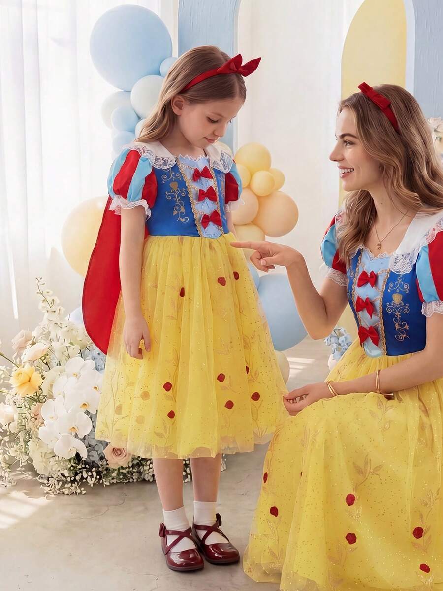 SHEIN Glamorique Kids 小女孩公主裙，泡泡袖，黄色网纱连衣裙，蝴蝶结，带披肩，蕾丝边，生日派对，婚礼，节日，夏季连衣裙 - 黃色 - 查看 1