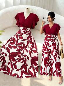 Elenzga Plus Size Women's Elegant White Leaf Pattern Ruffle Cap Sleeve Fitted Fla Dress, Spring/Summer Romantic Sundress, Wedding Vacation Party Guest Dress - Red - View 1