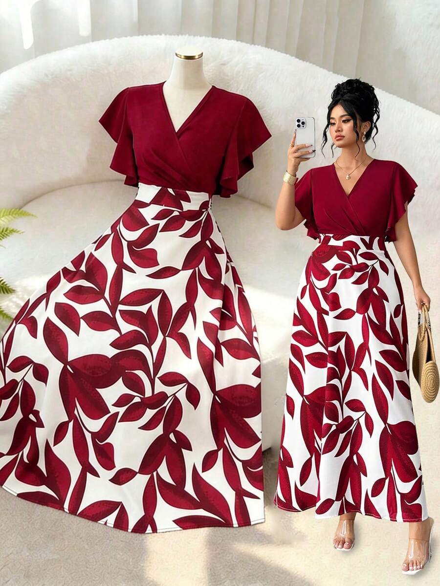 Elenzga Plus Size Women's Elegant White Leaf Pattern Ruffle Cap Sleeve Fitted Fla Dress, Spring/Summer Romantic Sundress, Wedding Vacation Party Guest Dress - Red - View 1