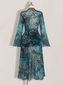 SHEIN ICON Áo kiểu nữ cỡ lớn in họa tiết Paisley, thắt nơ phía trước, thích hợp cho kỳ nghỉ và đi biển. - Màu xanh lam - Xem 2